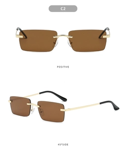 Front and 45-degree angle views of rimless rectangular sunglasses with gold temples