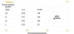 Detailed size guide for floral print reversible jacket with bust and length measurements