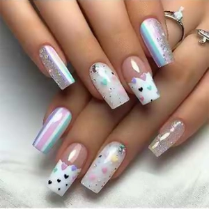 Press On Nails Long Coffin Fake Nails Heart Stripe Ice Cream Design Holographic Glitter Artificial Nail Tips For Women