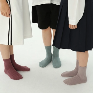 Three pairs of ribbed cotton socks for kids in burgundy, grey-green and grey-purple colors
