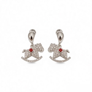 Silver rocking horse earrings with zircon pavé and red clover charm for women
