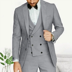 Slim fit light grey three-piece suit with double-breasted vest for weddings and business