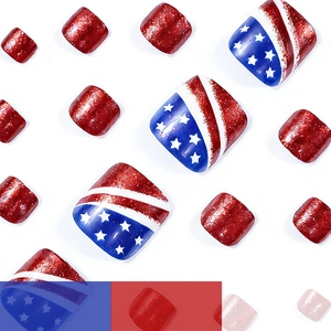 Short square press-on toenails featuring US flag stars and red glitter stripes design