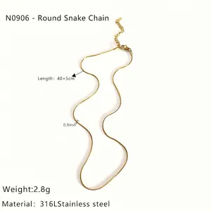 Detail of 0.8mm 316L stainless steel gold snake chain necklace with lobster clasp