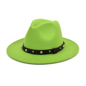 Neon green wool fedora with black leather studded belt featuring silver rivets and wide brim