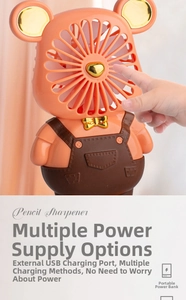Detail view of mini USB cartoon bear fan with power port and warm night light function