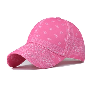 Detailed view of pink baseball cap featuring white paisley print and cotton twill texture