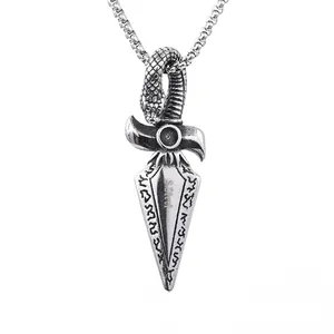 Vintage stainless steel spearhead pendant necklace with snake and Viking rune details