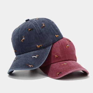 Vintage washed cotton baseball cap with all-over embroidered dachshund dog pattern