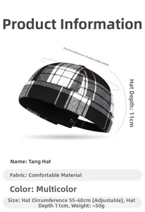 Detail view of adjustable black and white checkered docker hat with comfort fabric label