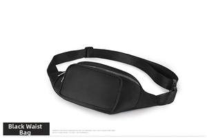 Flat lay of a black waterproof nylon waist bag with smooth zippers and adjustable strap