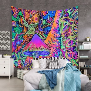 Detailed psychedelic mushroom tapestry with vibrant neon colors in a modern bedroom setting