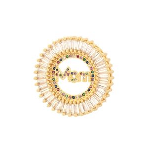 Detailed close-up of golden Mom pendant with zircons and rectangular crystals