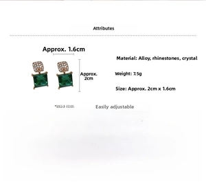 Macro detail of green crystal square earrings with dimensions 2cm x 1.6cm and 7.5g weight