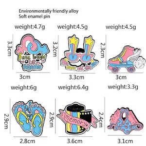Size chart for 6-piece enamel brooch set including 3D glasses, skates, and heart pins