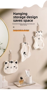 Hanging cat-shaped white coral fleece hand towels with cute embroidery for bathroom