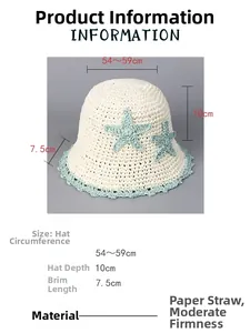 Detail showing paper straw bucket hat with blue crochet stars and scalloped edge