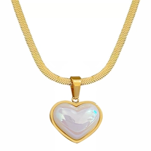 Golden titanium steel snake chain necklace with a pearlescent heart shaped pendant