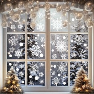 Cozy festive window scene with snowflake decals, mini trees, and soft holiday string lights