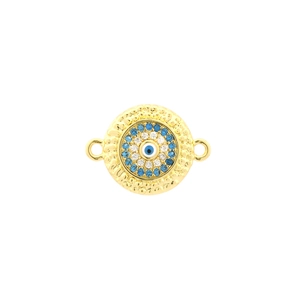 Macro view of gold-plated evil eye charm with blue enamel and dual connection rings