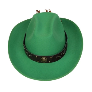 Top view of a green wool felt western cowboy hat with studded brown leather band
