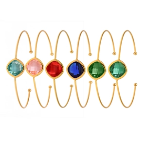 Set of six gold stainless steel open bangles with colorful square crystal gemstones