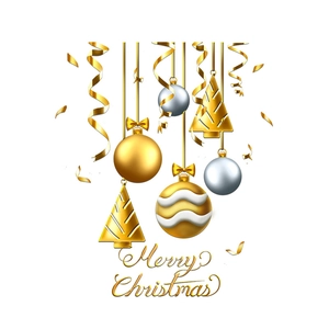 Golden and silver Christmas ball ornaments with tree hangers and ribbons on white background