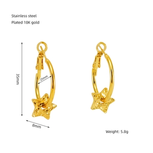 Detail view of 18K gold plated stainless steel star pendant earrings with measurements