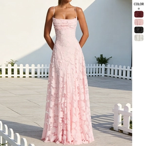 Women Sexy Backless Spaghetti Strap Maxi Dress Lace Jacquard Textured Evening Party Wedding Guest Floor Length High Waist