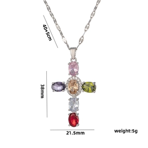 Silver necklace with colorful zircon cross pendant and sizing measurements displayed