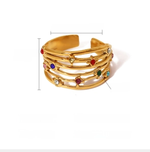 Macro view of multi-layer gold PVD 18K stainless steel ring with colorful crystals