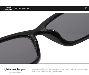 Close-up of the integrated nose pads on black cat-eye sunglasses for comfortable wear