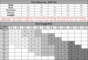 Detailed size chart for waffle knit t-shirt with EU standard measurements in centimeters