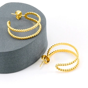 Double Row Beaded Hoop Earrings Titanium Steel 18K Gold Plated C Shaped Geometric Niche Style Jewelry For Women