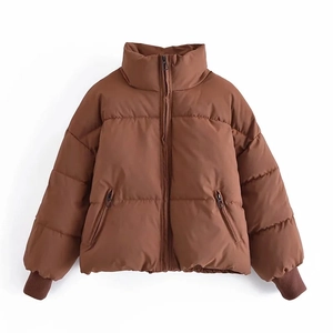 Women's dark brown short puffer jacket with stand collar and ribbed windproof cuffs