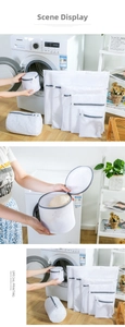 Assorted mesh laundry bags for delicate washing and bra protection shown in utility room