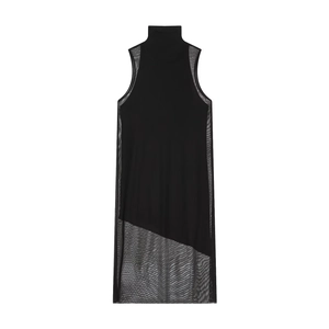 Women Sleeveless Mock Neck Mesh Patchwork Maxi Dress Elegant Slim Fit Bodycon Asymmetrical Hem Chic Black Long Dress