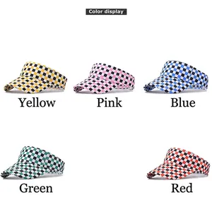 Checkerboard sun visor hats in five colors: yellow, pink, blue, green, and red