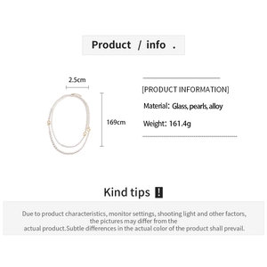 Detailed size and material specs for the long pearl necklace with number five charm