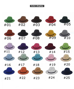 Detailed color display of 25 thick wool felt fedora hats with black chain decor
