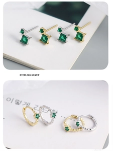 Detailed close-up of S925 sterling silver earrings with green emerald flower patterns