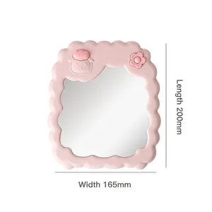 Pink cartoon desktop vanity mirror with wave edges and sheep decor, 200mm x 165mm size