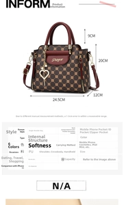 Detailed view of brown monogram handbag with interior pockets and dimensions table
