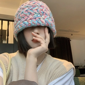 Women Mixed Color Knitted Bucket Hat Chunky Acrylic Warm Winter Autumn Streetwear Handmade Style Soft Comfortable