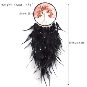 Dream catcher tree of life wall decor with pink crystals and black feathers dimensions