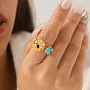 Französischer Vintage-Edelstahlring in Gold mit Türkis und Evil-Eye-Design für Damen