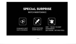 Watch maintenance guide showing cleaning, shock resistance and waterproof instructions
