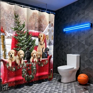 Waterproof shower curtain detail with vintage Christmas truck and Golden Retriever pups