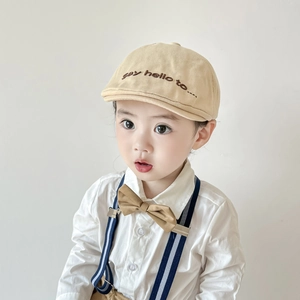 Toddler khaki newsboy cap with say hello embroidery in a vintage British style