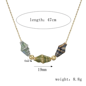 Detail view of gold chain necklace with green shell pendant and dimensions annotation
